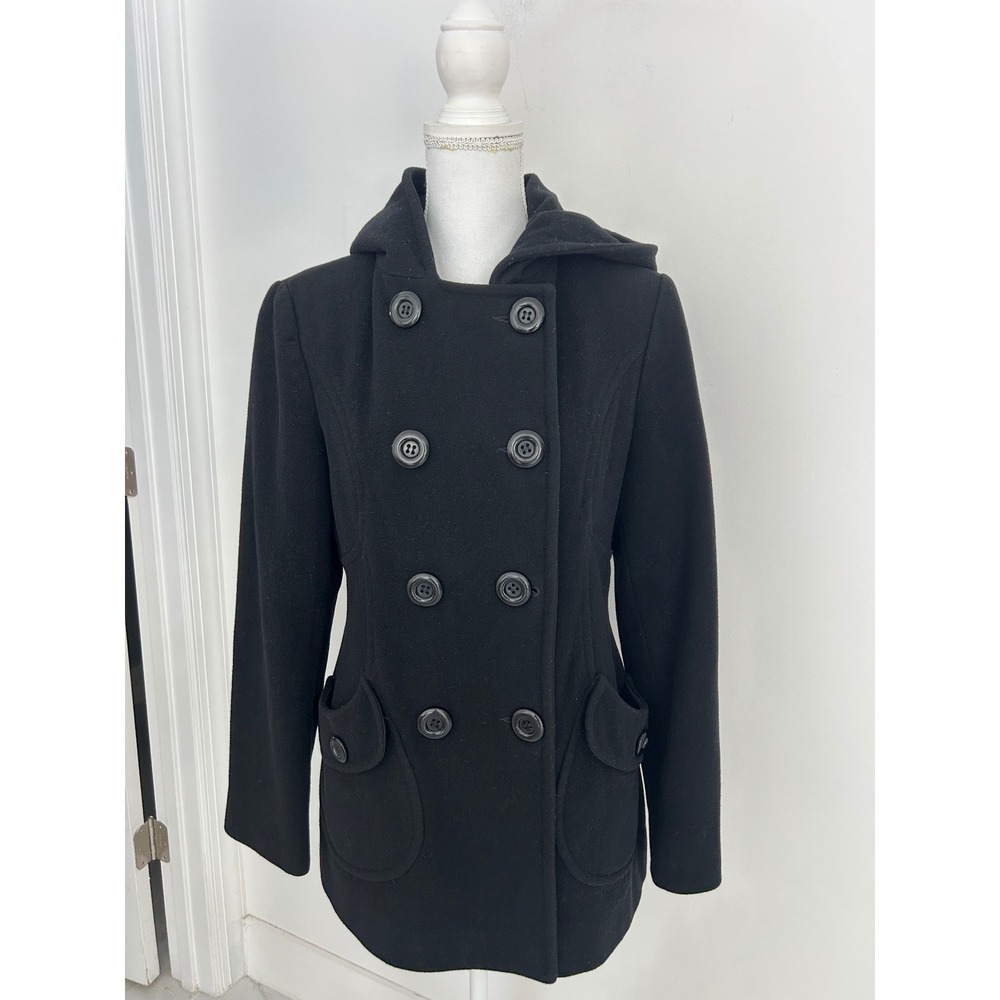Justsweet‎ Black Wool Blend Hooded Peacoat Double Breasted Jacket Womens Medium